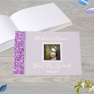 Glam Purple Elegant Photo Bat Mitzvah Gold Guest Book