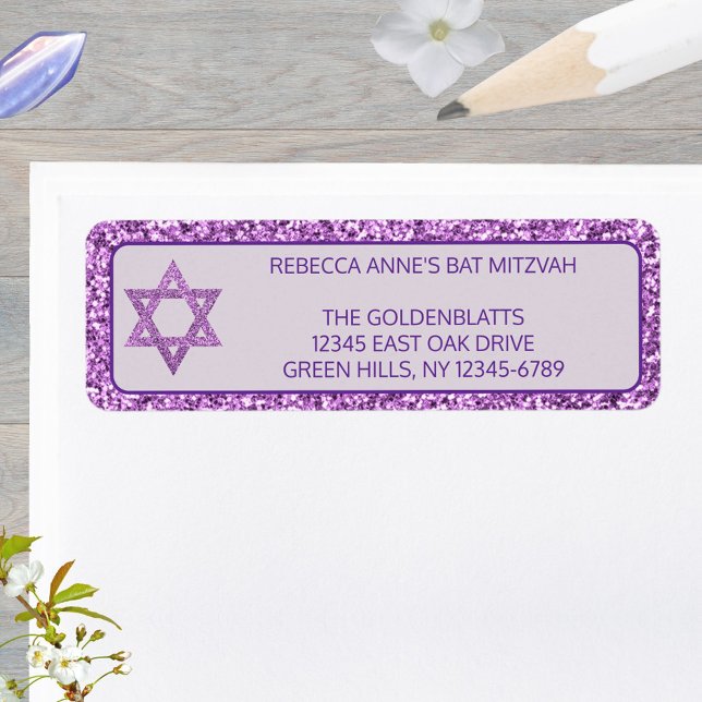 Glam Purple Élégante Étoile De David Bat mitzvah (These purple faux glitter Bat Mitzvah return address labels are easy to personalize)