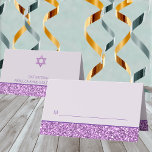 Glam Purple Fun Seating For Bat Mitzvah Party Place Card<br><div class="desc">Set the perfect tables with these Bat Mitzvah party place cards in purple glam with faux glitter and personalized text. Set on a pale pastel lavender purple background with a faux purple glitter border at the bottom, the front of these custom place cards has a line for writing in the...</div>