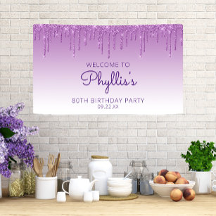 Glam Purple Glitter Drip 80th Birthday Banner