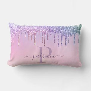 Glam Purple Glitter Drips Elegant Monogram Lumbar Pillow