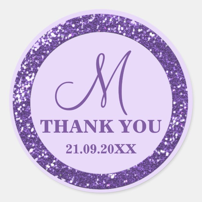 Glam Purple Glitter Thank You Monogram  Classic Round Sticker (Front)