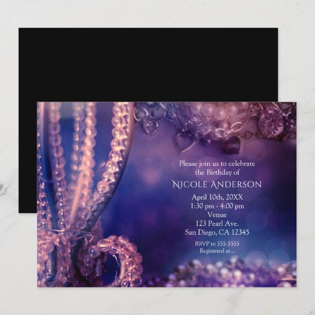 Glam Purple Glow Chic Glamor Pearls Invitation (Devant / Derrière)