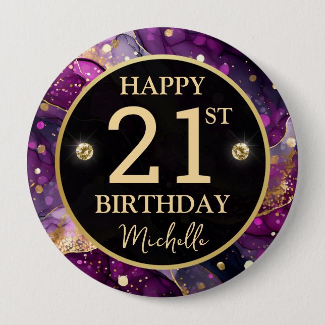 Glam Purple Gold Agate Birthday 4 Inch Round Button (Front)