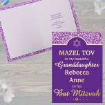 Glam Purple Granddaughter Niece Bat Mitzvah Gold Foil Holiday Card<br><div class="desc">This elegant real gold foil Bat Mitzvah greeting card in purple is ready for you to personalize it for that special girl in your life. The top of the card is a band of purple faux glitter with an arch motif carved out and edged in gold foil. The rest of...</div>