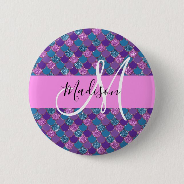Glam Purple Mermaid Glitter Sparkles Monogram Name 2 Inch Round Button (Front)