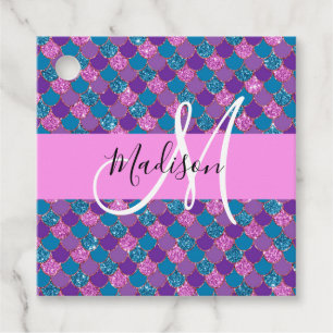 Glam Purple Mermaid Glitter Sparkles Monogram Name Favour Tags