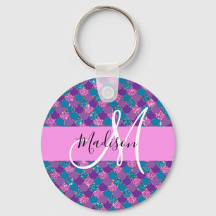 Glam Purple Mermaid Glitter Sparkles Monogram Name Keychain