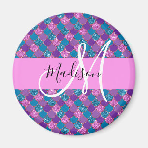 Glam Purple Mermaid Glitter Sparkles Monogram Name Magnet
