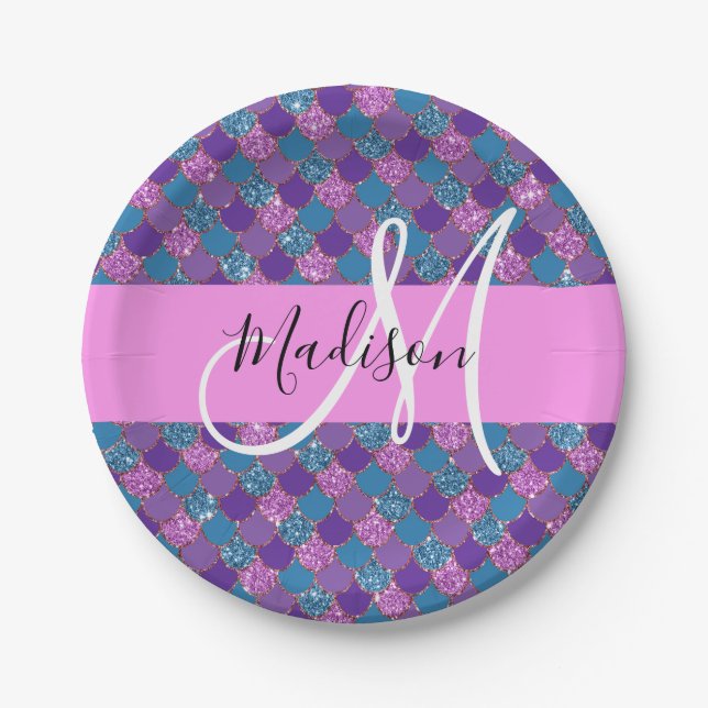 Glam Purple Mermaid Glitter Sparkles Monogram Name Paper Plate (Front)