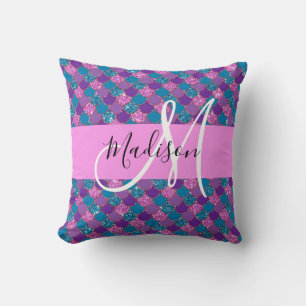 Glam Purple Mermaid Glitter Sparkles Monogram Name Throw Pillow