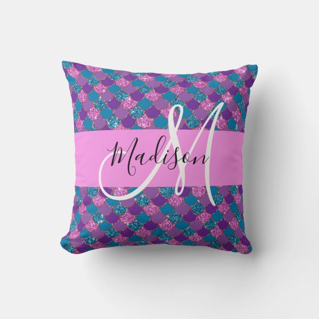 Glam Purple Mermaid Glitter Sparkles Monogram Name Throw Pillow (Front)