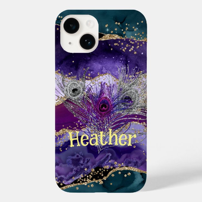 Glam Purple Peacock Agate Feathered Case-Mate iPhone Case (Back)