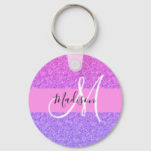 Glam Purple Pink Glitter Sparkle Gradient Monogram Keychain
