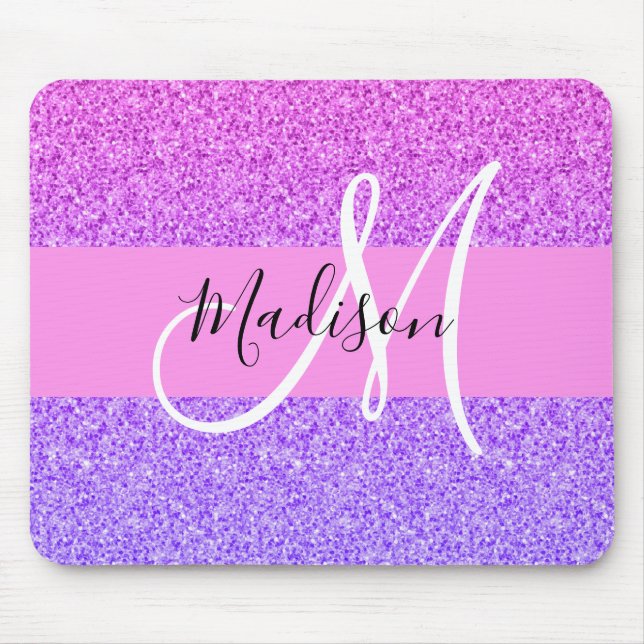 Glam Purple Pink Glitter Sparkle Gradient Monogram Mouse Pad (Front)