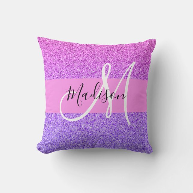 Glam Purple Pink Glitter Sparkle Gradient Monogram Throw Pillow (Front)