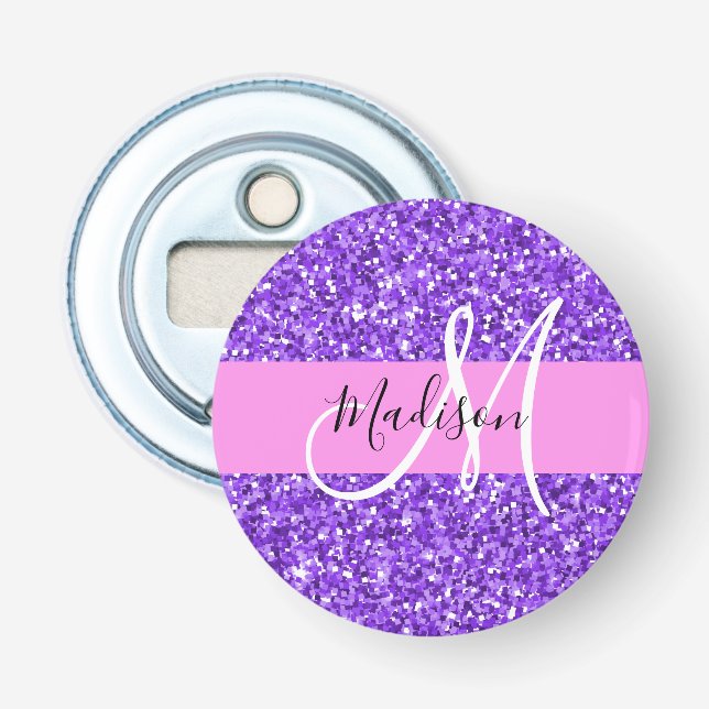 Glam Purple & Pink Glitter Sparkle Monogram Name Bottle Opener (Front)