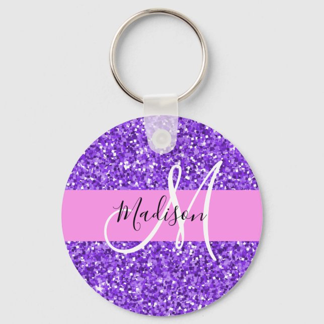 Glam Purple & Pink Glitter Sparkle Monogram Name Keychain (Front)