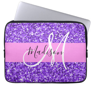 Glam Purple & Pink Glitter Sparkle Monogram Name Laptop Sleeve