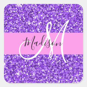 Glam Purple & Pink Glitter Sparkle Monogram Name Square Sticker