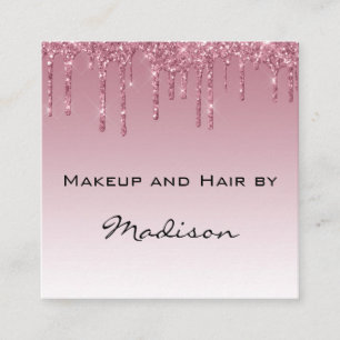 Glam Purple Rose Gold Glitter Drips Makeup Artist Square Business Card