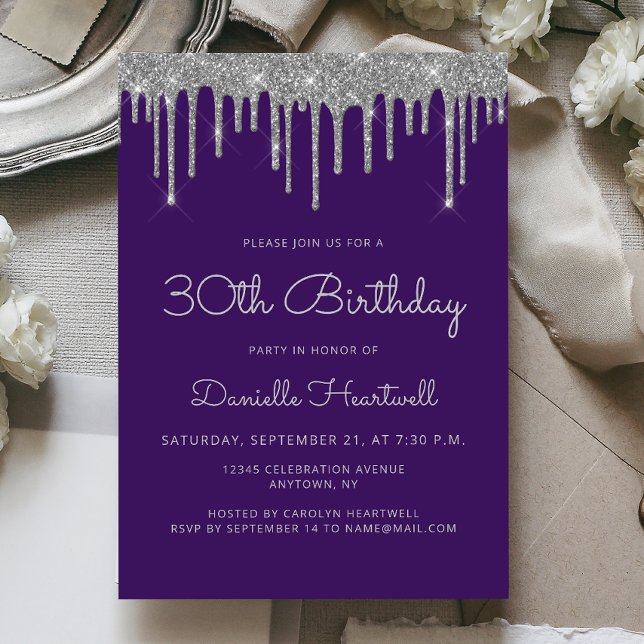 Glam Purple Silver Glitter Drip 30th Birthday Invitation (Creator Uploaded)
