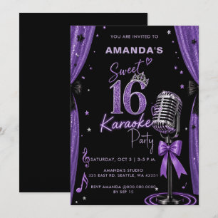 Glam Purple Sweet 16 Birthday Karaoke Party Invitation