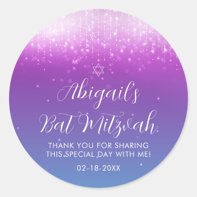 Glam Purple Teal Bat Mitzvah Classic Round Sticker (Front)