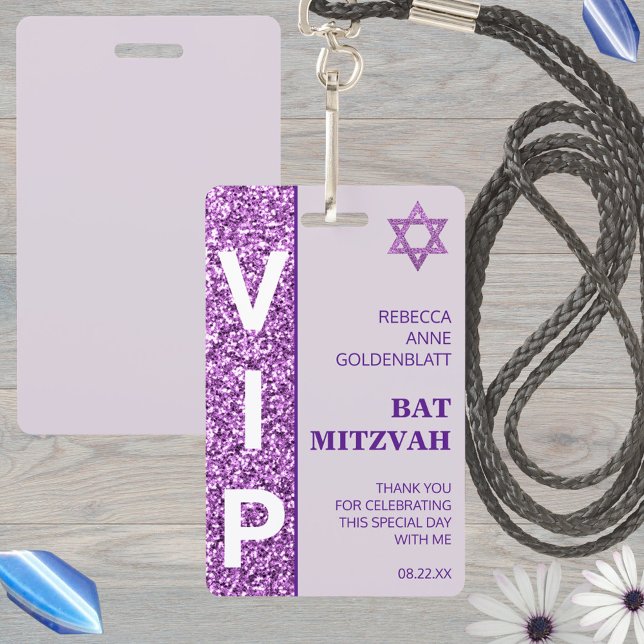 Glam Purple Unique VIP Bat Mitzvah Party Favour Badge (Custom VIP pass badges are so fun for a Bat Mitzvah party and make unique party favors)