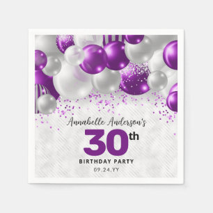 Glam Purple Violet Silver Balloon Glitter Birthday Napkin