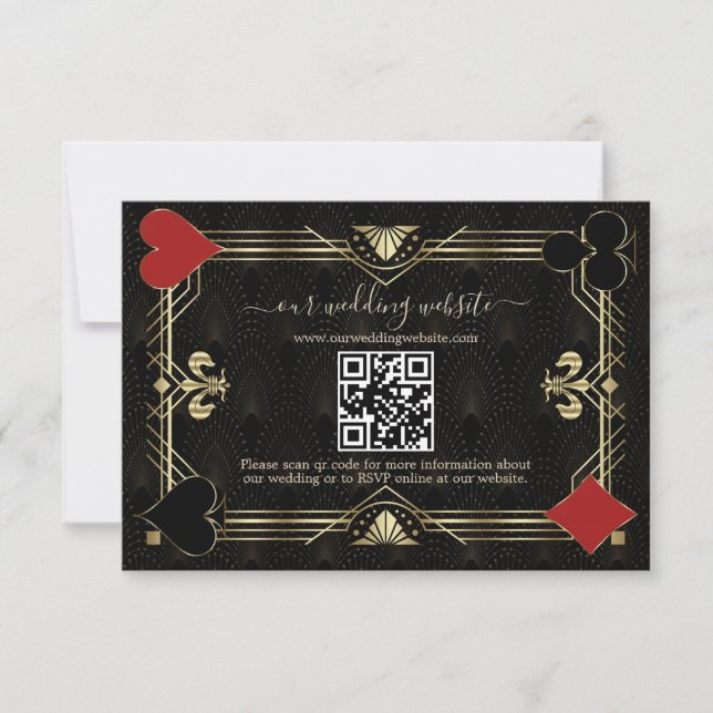 Glam QR Code Black Gold Art Deco Wedding RSVP Card (Front)