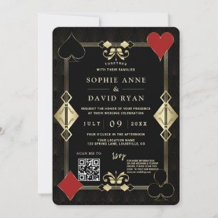 Glam QR Code Roaring 20s Gold Art Deco Wedding  Invitation