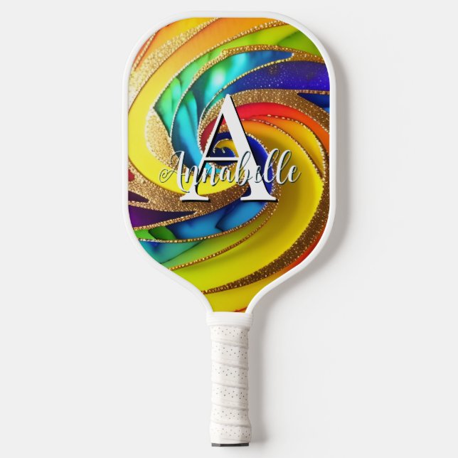 Glam Rainbow Abstract Pinwheel Monogram Pickleball Paddle (Front)