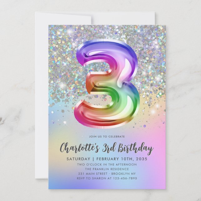 Glam Rainbow Glitter Foil Pastel Girl 3rd Birthday Invitation (Front)