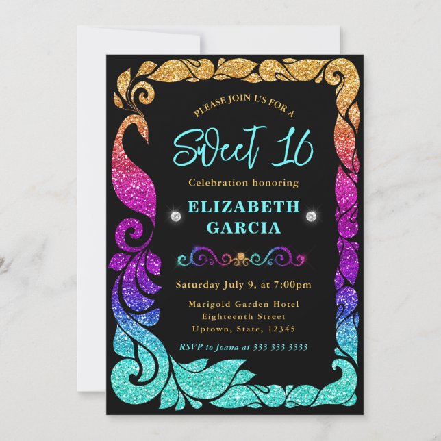 Glam Rainbow Gradient Glitter Peacock Sweet 16 Invitation (Front)