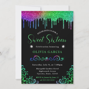 Glam Rainbow Gradient Glitter Sweet 16 Invitation