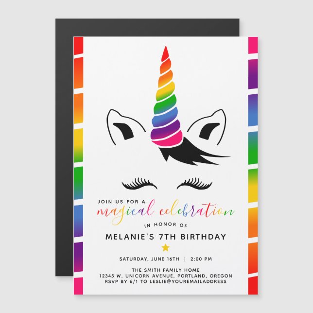 Glam Rainbow Unicorn Birthday Party Magnetic Invitation (Front/Back)