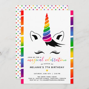 Glam Rainbow Unicorn Invitation de fête d'annivers