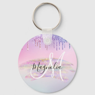 Glam Rainbow Unicorn Ombre Glitter Pink Monogram Keychain
