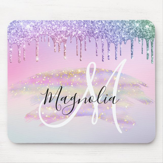 Glam Rainbow Unicorn Ombre Glitter Pink Monogram Mouse Pad (Front)