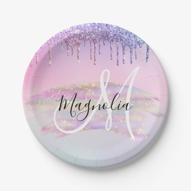 Glam Rainbow Unicorn Ombre Glitter Pink Monogram Paper Plate (Front)