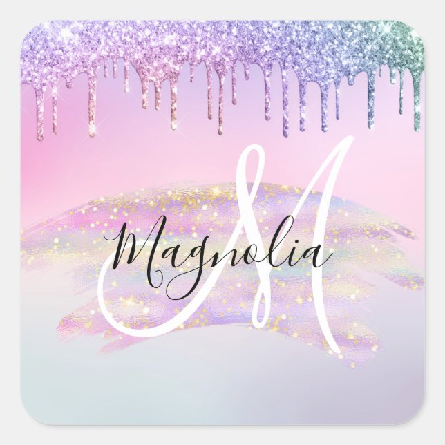 Glam Rainbow Unicorn Ombre Glitter Pink Monogram Square Sticker (Front)