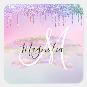Glam Rainbow Unicorn Ombre Glitter Pink Monogram Square Sticker