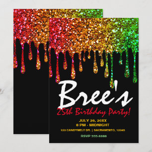 Glam Rasta Rainbow Glitter Drips Birthday Party Invitation