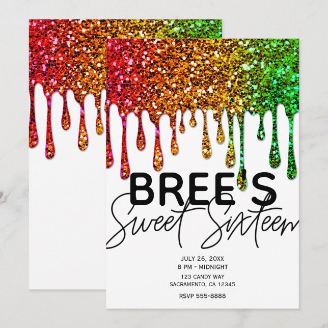 Glam Rasta Rainbow Glitter Drips Sweet 16 Party Invitation (Front/Back)