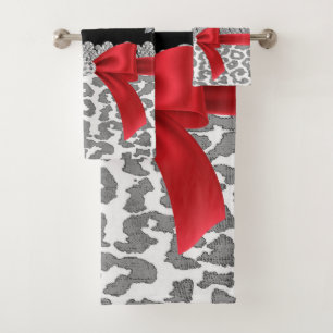 Glam Red Bow-Grey Leopard-Silver Floral Sparkles Bath Towel Set