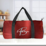 Glam Red Brushed Metal Grey White Monogram  Duffle Bag<br><div class="desc">This personalized duffel bag features a monogram and first name in modern grey and white script on a glam red faux brushed metal background.</div>