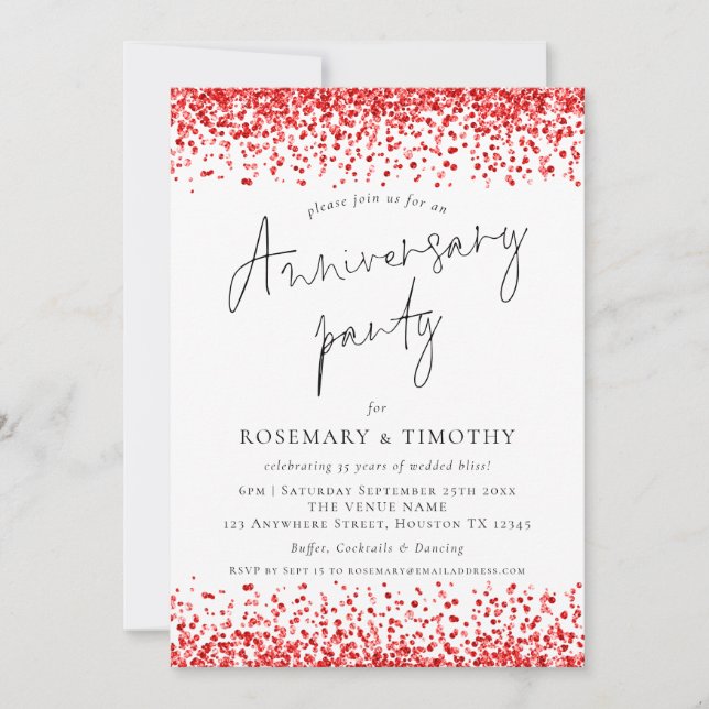 Glam Red Glitter Anniversary Party Invitation (Front)