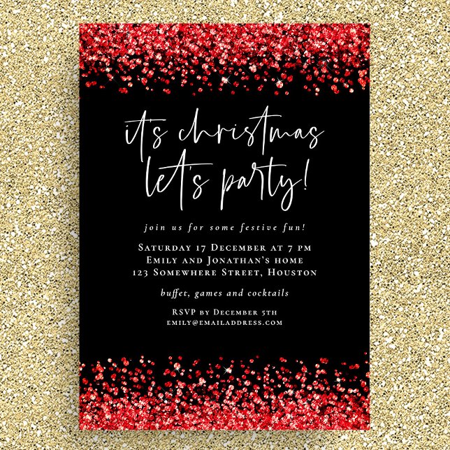Glam Red Glitter Christmas Lets Party Black Invitation (Available digitally and printed)