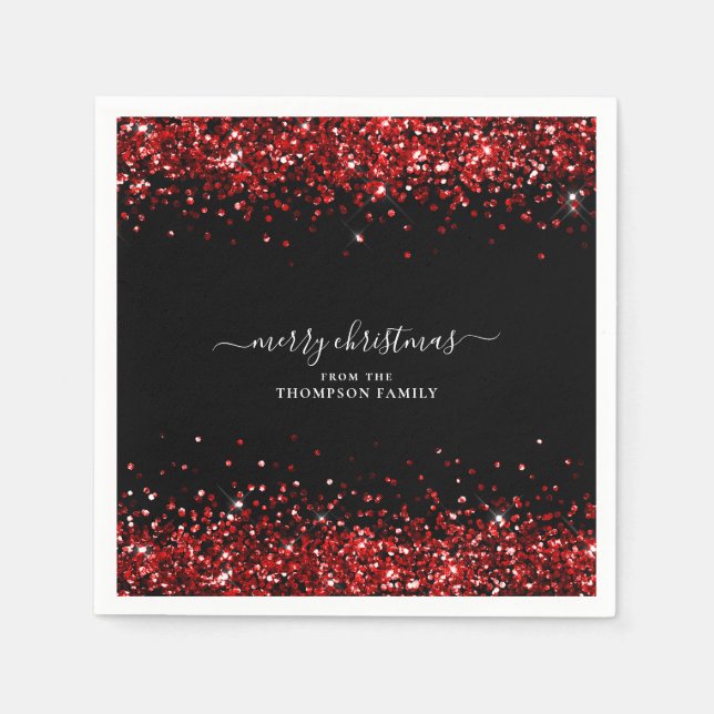 Glam Red Glitter Name Merry Christmas Black Napkin (Front)